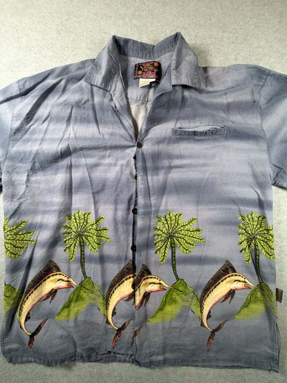 Basix Original Hawaiian Short Sleeve Button w/Marlin & Palm Tree Print Size XL